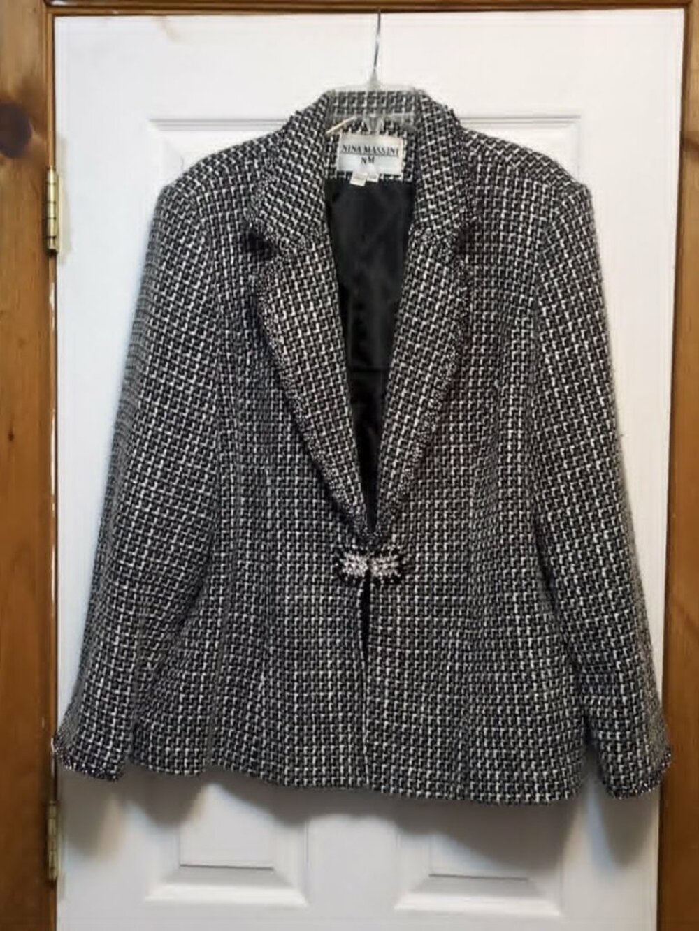 Vintage Chic Nina Massini Blazer Sz 22 Black White Tweed Crystal Embellished Y2K